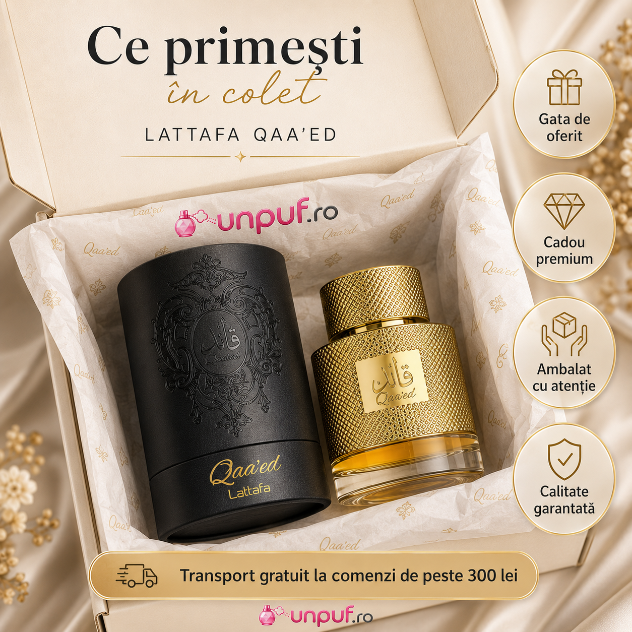 Note olfactive Qaa&rsquo;ed Lattafa cu scorțișoară, cardamom, bergamotă, șofran, lemn de santal, cedru, oud, piele, vanilie și ambră